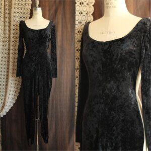 Vintage 1980s 1990s Catsuit, JM By Shelli Segal Black Crushed Velvet Jumpsuit